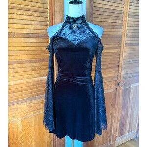 Gothic Lolita Victorian I Heart Thee Black Velvet & Lace Mini Dress